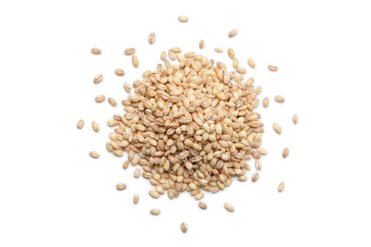 Pile of peeled barley isolated on white background. Top view.