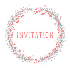 Vector hand drawn illustration of text INVITATION and floral round frame on white background. Colorful.