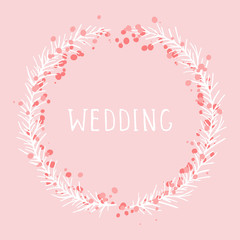 Vector hand drawn illustration of text WEDDING and floral round frame on pink background. Colorful.