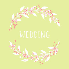 Vector hand drawn illustration of text WEDDING and floral round frame on green background. Colorful.