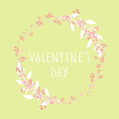 Vector hand drawn illustration of text VALENTINE'S DAY and floral round frame on green background. Colorful.