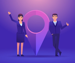 Happy businessman and woman standing near big location icon. Business location, address change concept. Colorful design vector illustration