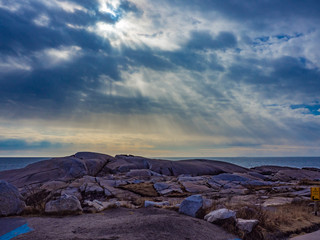 sunset over the sea, rocks, Peggy's Cove, Nova Scotia