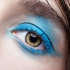 Closeup macro portrait of human female eye with blue smoky eyes make-up.