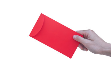 Happy Chinese new year, Hand holding red envelope or called Angpao isolated on white background.
