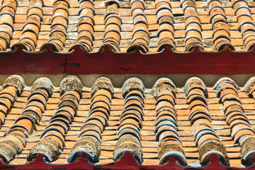 Textures and shapes of the roof of the old church, temple, Thailand.