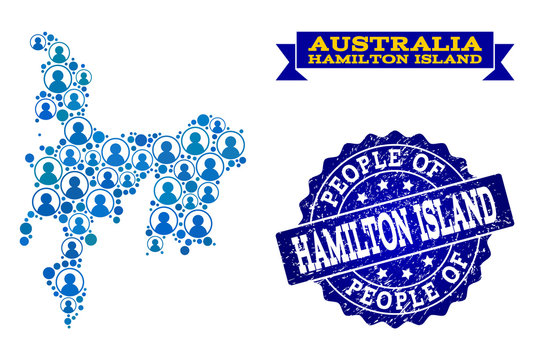 People Composition Of Blue Population Map Of Hamilton Island And Rubber Seal. Vector Seal With Distress Rubber Texture. Mosaic Map Of Hamilton Island Constructed With Rounded Users.