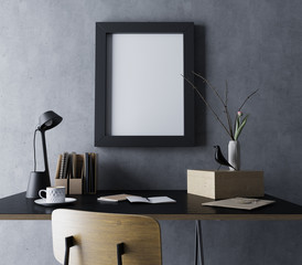 realistic mock up template of modern design workplace room with blank poster frame in vertical orientation hanging on grey wall in straight front camera view - Powered by Adobe