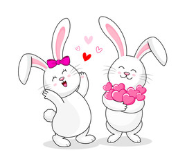 Cute cartoon white rabbits holding love hearts. Happy Valentine's day.  Cartoon character design. Illustration isolated on white background.
