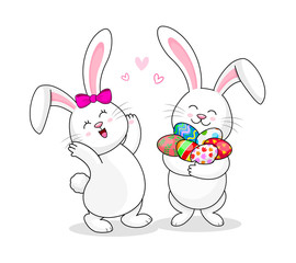 Cute cartoon white rabbits holding Easter eggs. Happy Easter day.  Cartoon character design. Illustration isolated on white background.