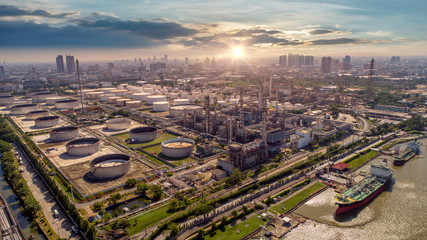 Aerial view of Oil and gas industry - refinery, Shot from drone of Oil refinery and Petrochemical plant  , Bangkok, Thailand