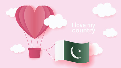 Hot air balloons in shape of heart flying in clouds with national flag of Pakistan. Paper art and cut, origami style with love to Pakistan