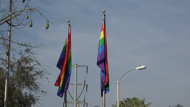 Gay Pride Flags Hanging On Flag Poles In West Hollywood