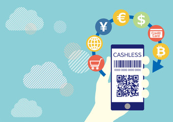 QRコードによるキャッシュレス決済とスマホを握る手-青いクラウドネットワークフラットデザインイラスト