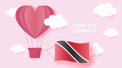 Hot air balloons in shape of heart flying in clouds with national flag of Trinidad and Tobago. Paper art and cut, origami style with love to Trinidad and Tobago