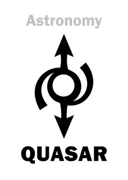 Astrology Alphabet: QUASAR, enigmatic supermassive brightest object of the Relict radiation of distant galaxies in The Universe. Hieroglyphics character sign (astronomical symbol).