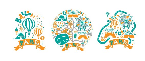 Amusement Park icons set in cartoon style with attractions and Ferris wheel, balloon, a circus, dino