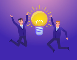 Two cheerful businessman jumping near big idea light bulb. Creative idea, success, achievement. Colorful design vector illustration