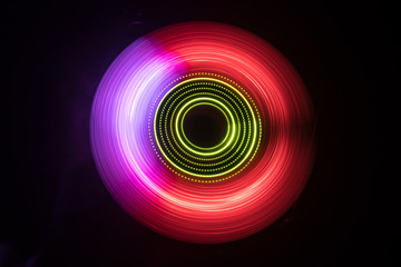 Concept of speed - Trail of fire and smoke - Vinyl record. Burning vinyl disk. Turntable vinyl record player. Retro audio equipment for disc jockey. Sound technology