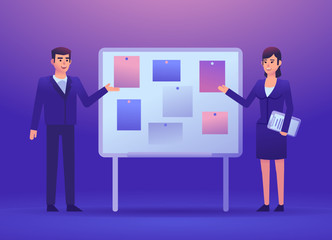 Businessman and woman standing near whiteboard. Business meeting, presentation. Colorful style vector illustration