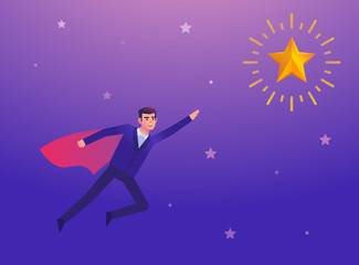 Super businessman flying to yellow star. Achievement, follow your dreams concept. Colorful design vector illustration