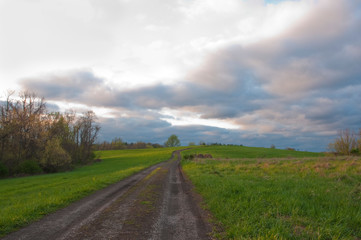 Fototapeta na wymiar A winding country road in springtime with clouds and blue sky