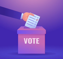 Hand puts vote bulletin into vote box. Election concept. Colorful design vector illustration