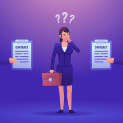 Confused businesswoman stands between two contract offers and can't decide which one to take. Career planning. Colorful design vector illustration