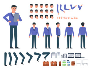 Businessman in blue suit creation kit. Create your own action, pose, animation. Various design elements, gestures, avatars. Flat design vector illustration