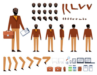 Black businessman in brown suit creation kit. Create your own action, pose, animation. Various figure design elements. Flat design vector illustration