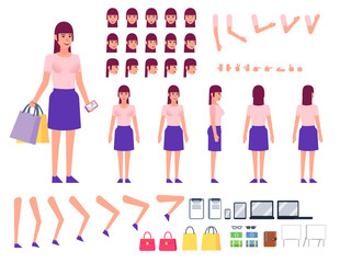 Woman in casual dress creation kit. Create your own action, pose, animation. Various design elements, gestures, avatars. Flat design vector illustration