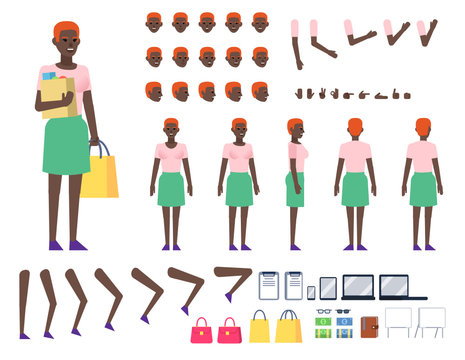 Black woman in casual dress creation kit. Create your own action, pose, animation. Various design elements, gestures, avatars. Flat design vector illustration