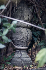 Balusters made of stone on the old historic staircase.