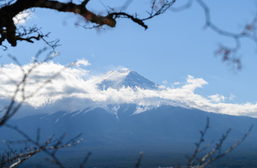Close up top of beautiful Fuji mountain with snow cover