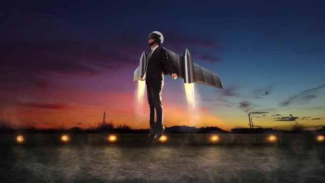 Businessman wear a rocket suit to lift , animation in 4K , Business success career development and entrepreneurship concept .
