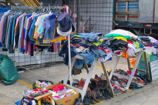Market, selling clothes on the street, South America, Ecuador. Street trading.