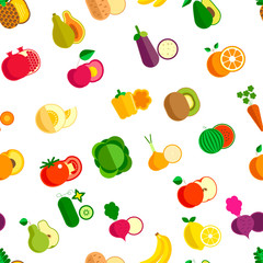 Fototapeta premium Vegetable and fruits organic food seamless pattern isolated on white vector.
