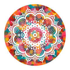 Mandala over colorful watercolor circle. Vector illustration. Ethnic print with abstract pattern. Isolated on white background. Bright colors.