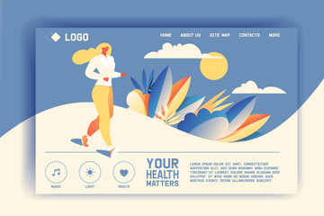 Vector concept for landing page of health promotion and wellness lifestyle. Jogging or running young woman in flat style