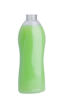open bottle of fabric softener, green, on white background