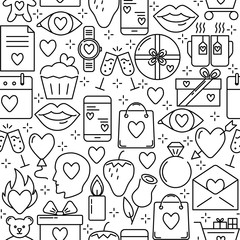 Valentines day romantic seamless pattern with icons in line style