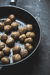 Meatballs in a frying pan. Selective focus. Shallow depth of field.