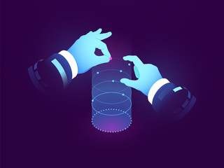 Data science and insights, man hand control, experiment visualization, dataflow graph, manipulation with genomic structure, scientist in laboratory 3d flat vector