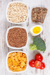 Ingredients containing vitamin B2 and dietary fiber, healthy nutrition concept