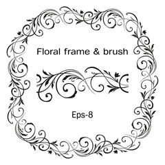 Floral ornate rounded rectangle Wreath isolated on white background and brush. Horisontal oval Vector Element. Vintage frame for Save the Date Card, Wedding invitation, Covers.