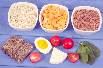 Vintage photo, Nutritious ingredients containing vitamin B2, natural minerals and fiber, healthy nutrition