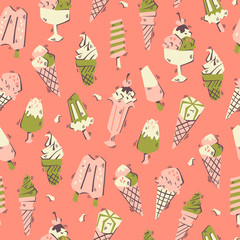 Nice Hand Drawn Doodle Ice Cream Pattern. Seamless Vector Background.