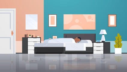 man sleeping in bed covered with quilt lazy african american guy sleep at morning bedroom modern apartment interior male cartoon character flat horizontal full length