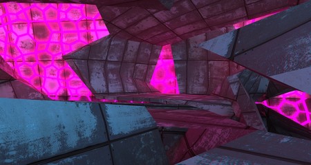 Abstract  Concrete Futuristic Sci-Fi interior With Pink And Blue Glowing Neon Tubes . 3D illustration and rendering.