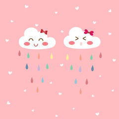 Obraz na płótnie Canvas White cloud with cute face on pastel pink background with colorful raindrops and white heart. Vector concept about fresh and happy in raining day with friend for wallpaper, cloths pattern for kids.